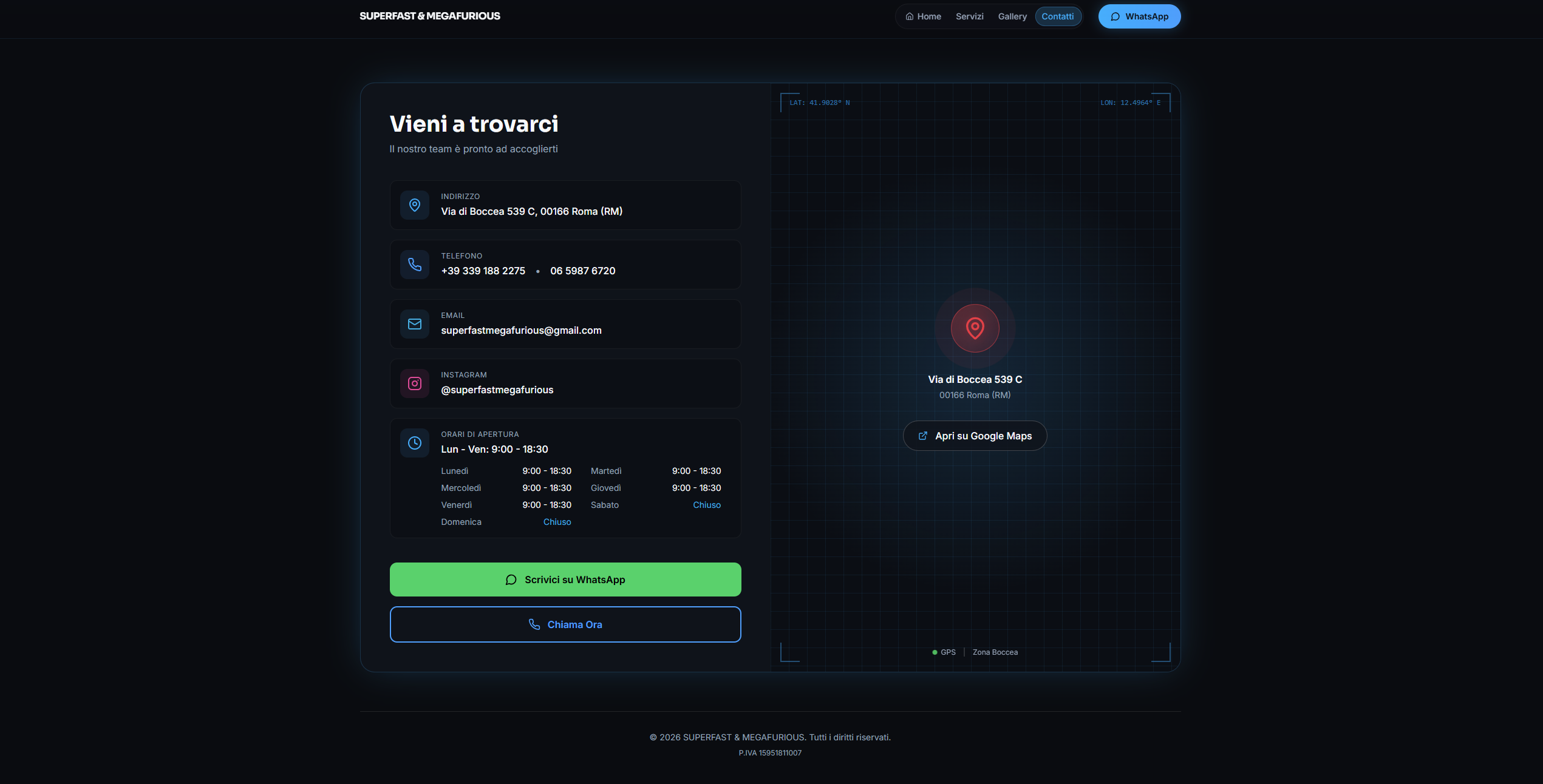 SUPERFAST & MEGAFURIOUS: Website für Automotive-Service: dunkle UI, klare Hierarchie, Wege zu Kontakt und Auftrag.